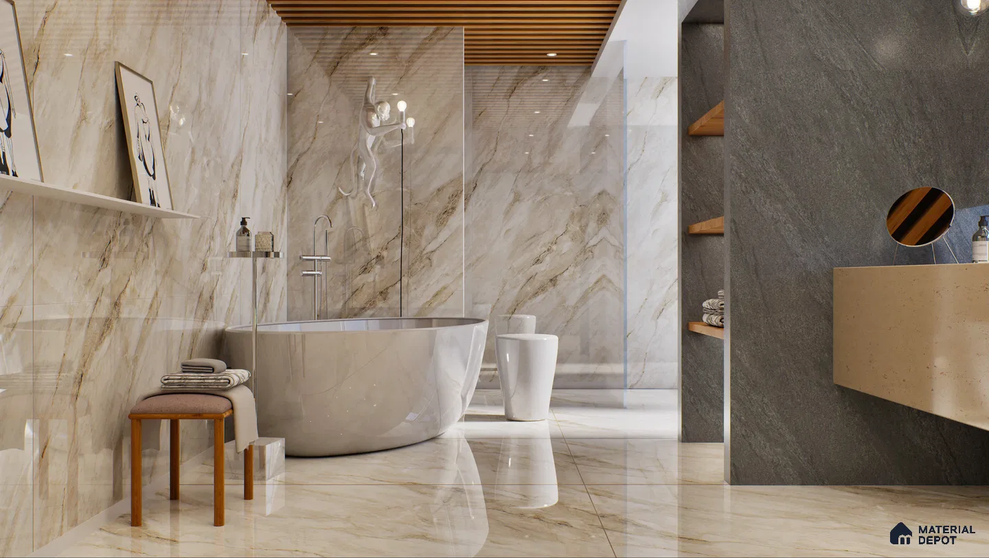 Elegant bathroom with marble walls and freestanding tub | Material Depot