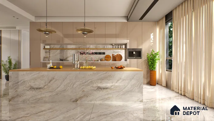 Modern kitchen with marble island and beige cabinets | Material Depot