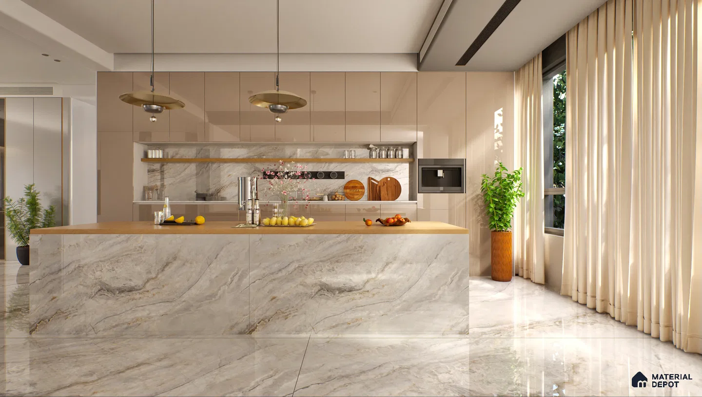 Modern kitchen with marble island and beige cabinets | Material Depot