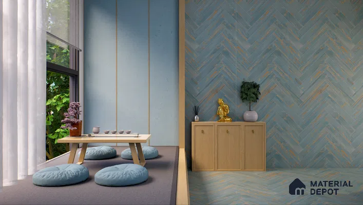 Wooden Floor Tile TL 05120 Mokuzai Indigo Drift 4 ft x 2 ft Vitrified Endless Carving Matte Finish - 9 mm | Herringbone | Suitable for Living Room, Bedroom & Bathroom