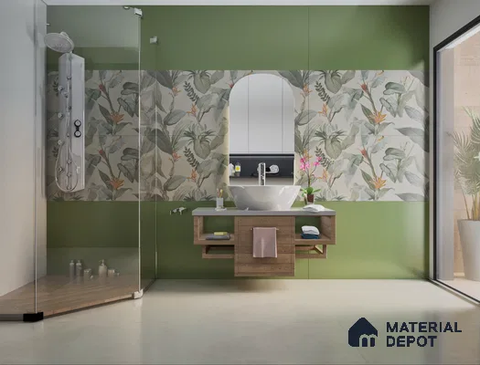 Lush tropical bathroom featuring vibrant green walls and floral accents | Material Depot