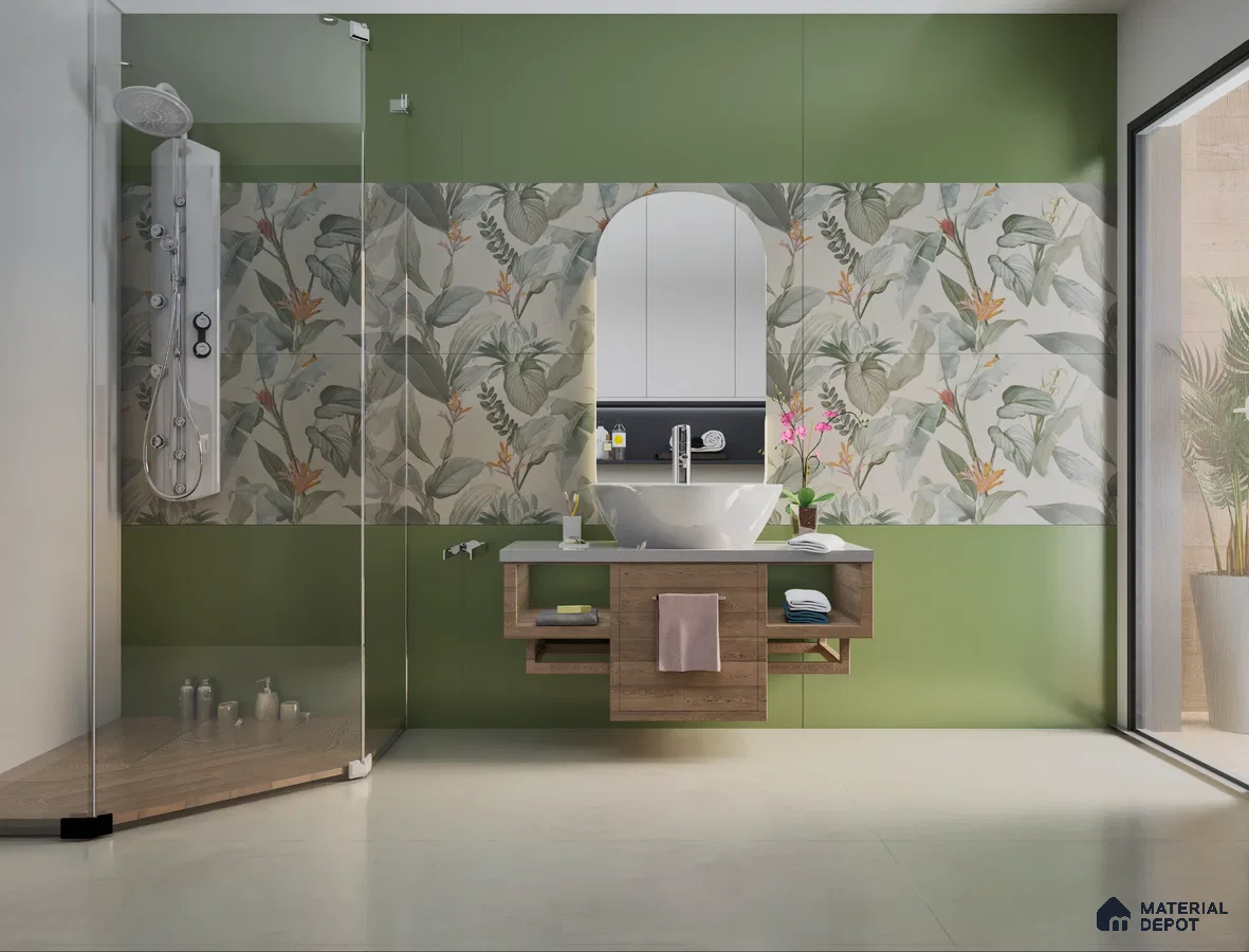 Lush tropical bathroom featuring vibrant green walls and floral accents | Material Depot