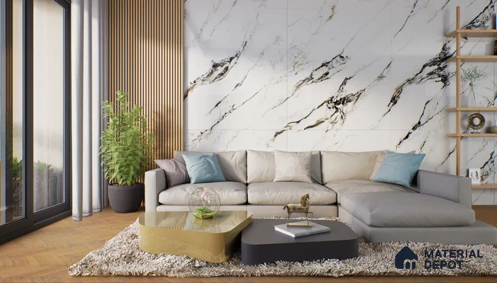 Modern living room with marble wall and sleek furniture | Material Depot