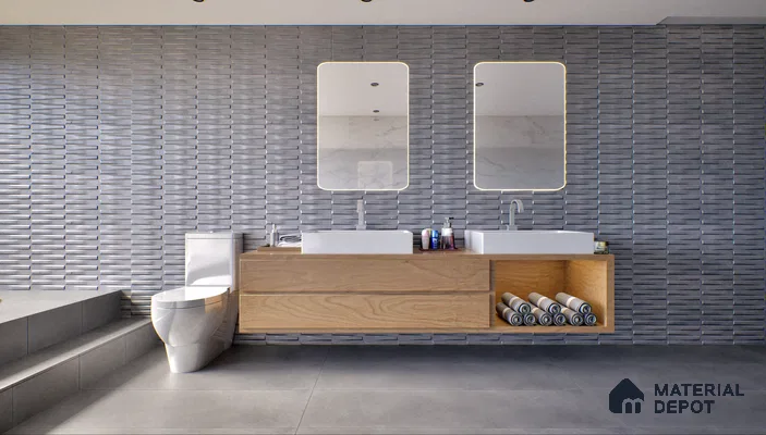 Modern bathroom featuring a double vanity with a textured tile wall | Material Depot