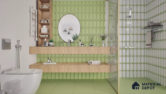 Contemporary bathroom featuring green accent tiles and a floating wooden vanity | Material Depot