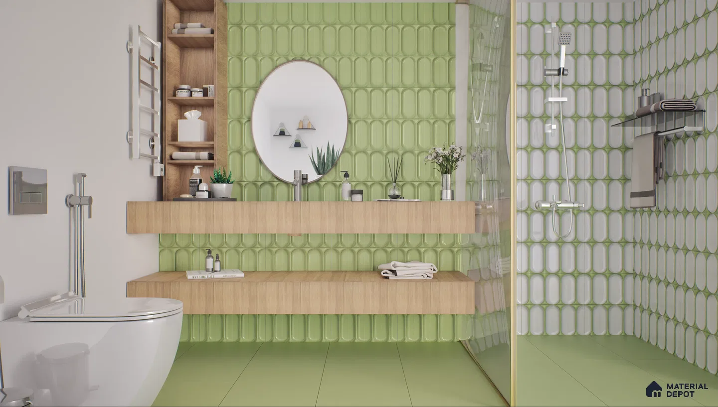 Contemporary bathroom featuring green accent tiles and a floating wooden vanity | Material Depot