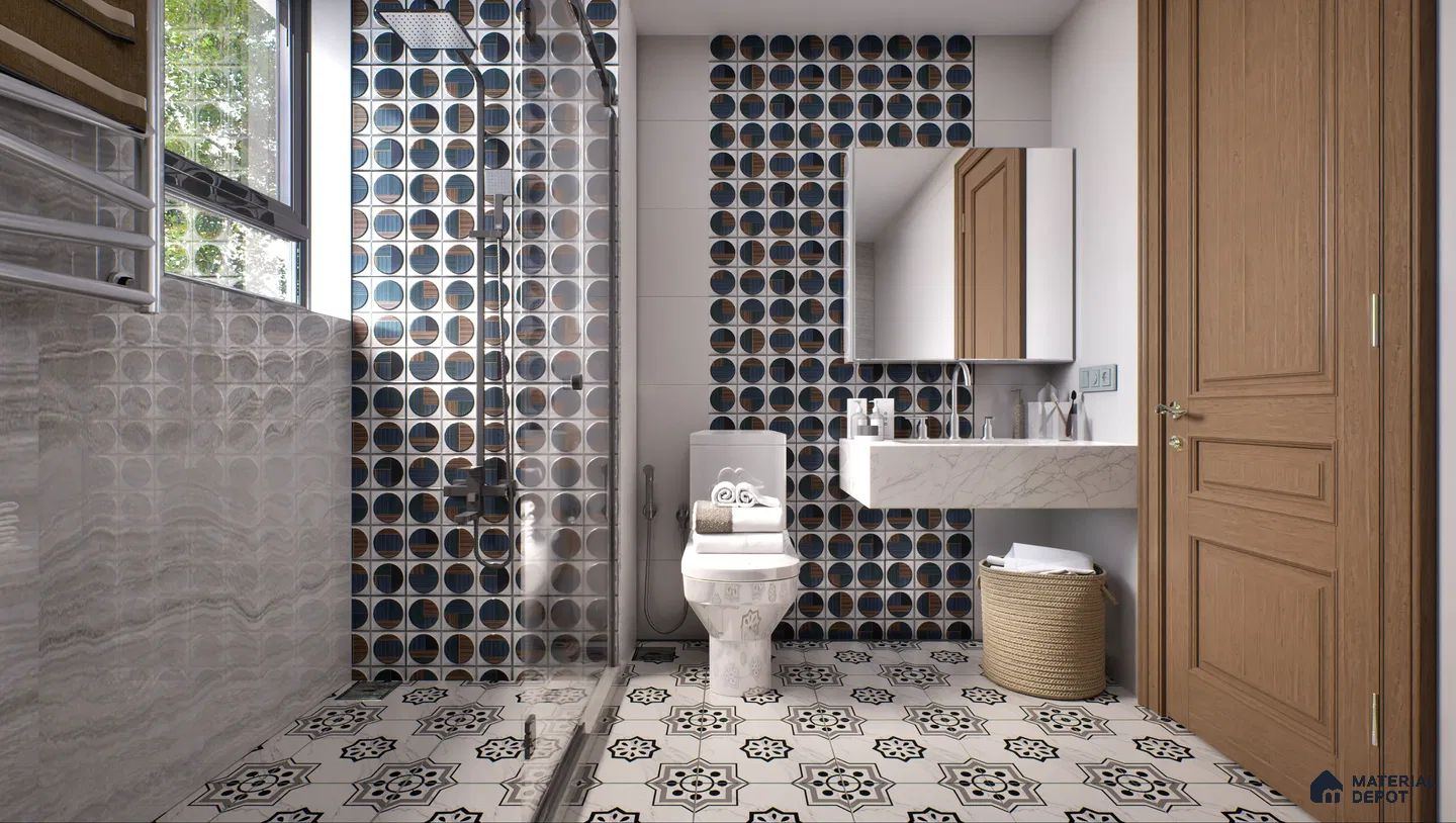 Modern bathroom with geometric tiles and marble sink | Material Depot