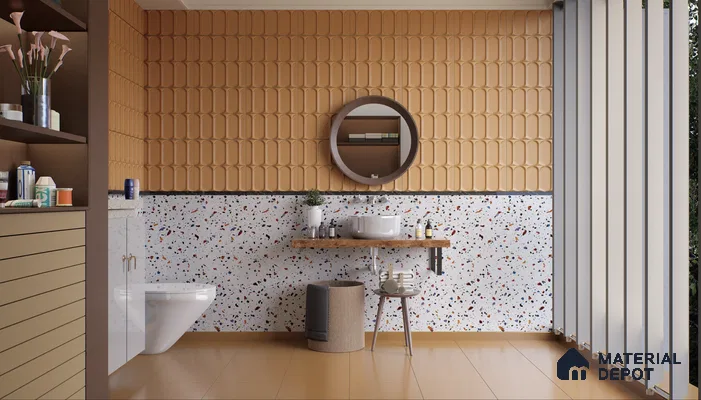 Contemporary bathroom featuring terrazzo tiles and warm-toned textured wall tiles | Material Depot