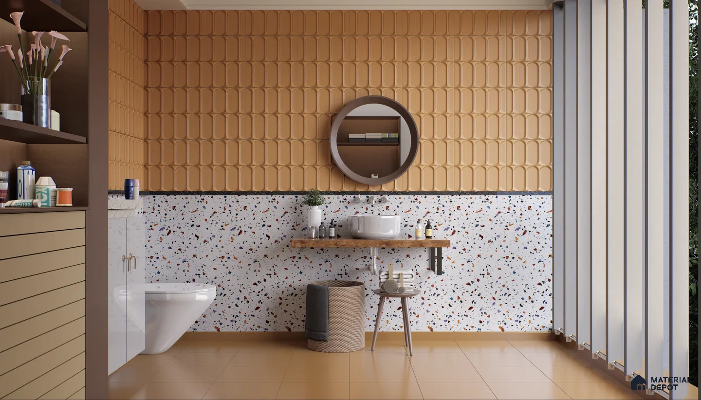 Contemporary bathroom featuring terrazzo tiles and warm-toned textured wall tiles | Material Depot