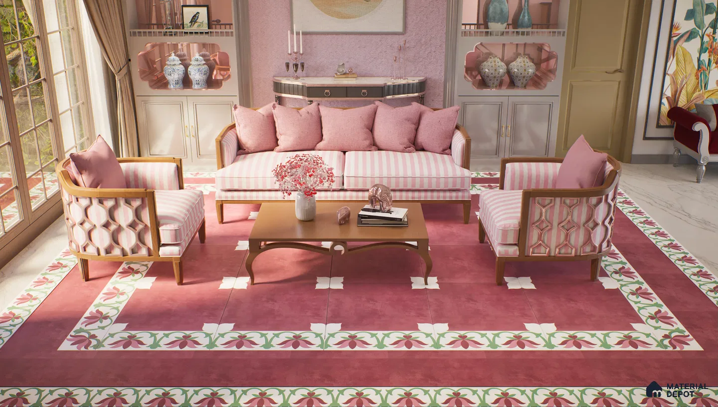 Elegant living room decorated in shades of pink with classic furniture and floral patterned tiles | Material Depot