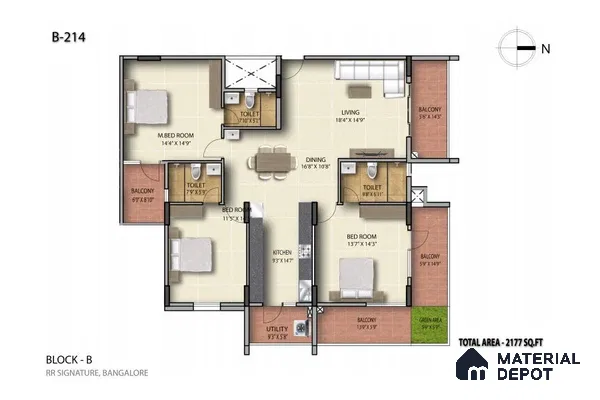 Modern 3BHK apartment floor plan with open living, dining, kitchen, and multiple balconies