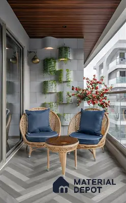 Modern balcony with herringbone grey wood-look floor tile, wicker furniture, and vertical garden wall