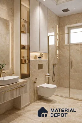 Modern bathroom with beige marble-look tiles and gold accents