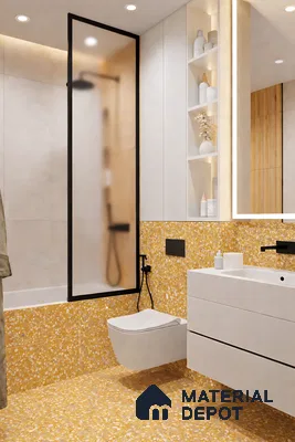 Modern bathroom with yellow terrazzo wall and floor tiles and matte white vanity