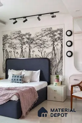 Modern bedroom with monochrome nature wallpaper, upholstered bed, and glossy beige floor tiles