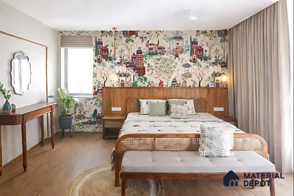 Eclectic bedroom with Indian patterned wallpaper, natural wood bed, and wooden flooring