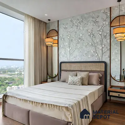 Japandi bedroom with chinoiserie floral wallpaper, cane headboard, and wooden flooring