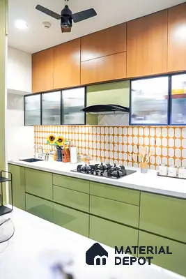 Modern kitchen with olive green glossy laminate, wood grain laminate, and geometric orange backsplash tiles