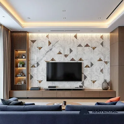 Modern living room with geometric marble-look accent wall and walnut wood laminate TV unit