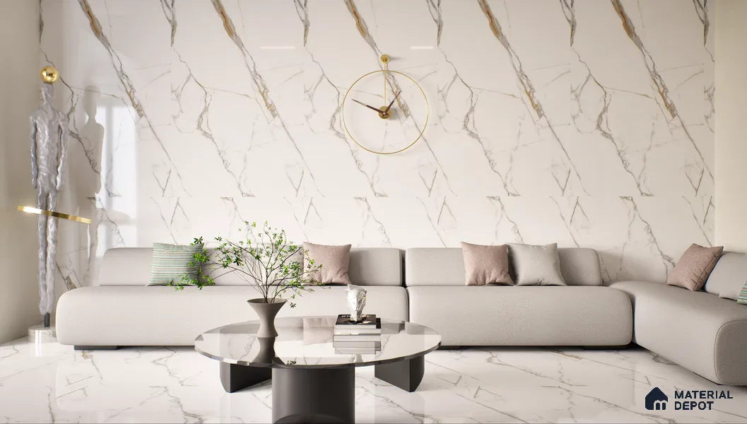 Large Format Marble Floor & Wall Tile TL 01470 Soul White 6 ft x 4 ft Glossy Finish Vitrified Tile - 9 mm | Suitable For Living Room, Bedroom, Office | Adhesive and Spacers Must be Used During Installation