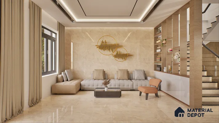 Modern living room featuring a beige color palette, contemporary furniture, and stylish wall art | Material Depot