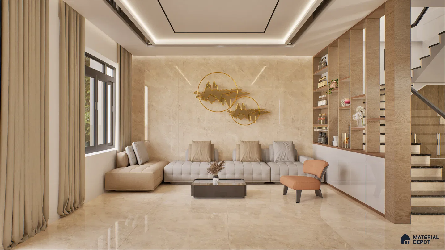 Modern living room featuring a beige color palette, contemporary furniture, and stylish wall art | Material Depot
