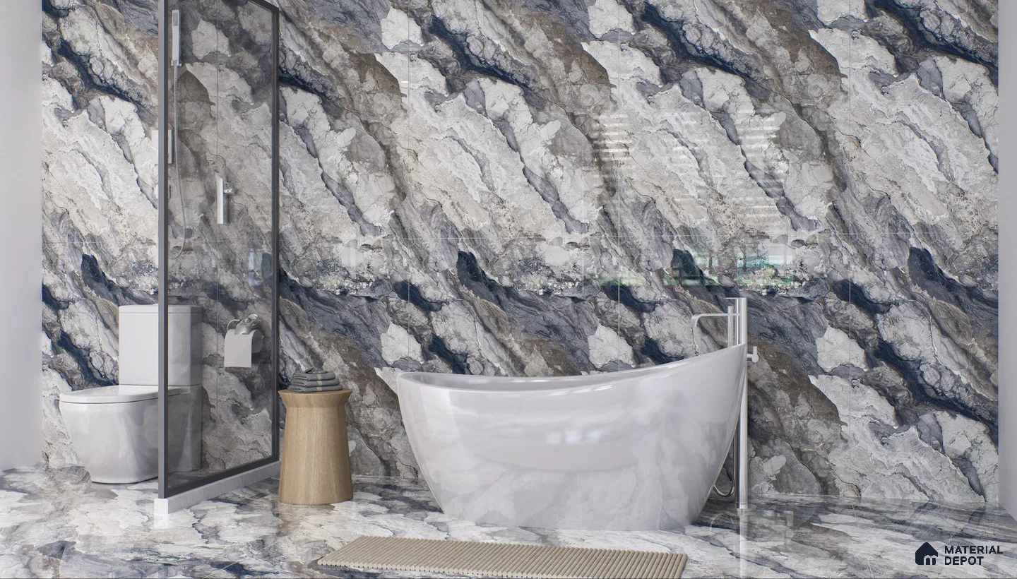 Elegant bathroom with dramatic marble walls and freestanding tub | Material Depot