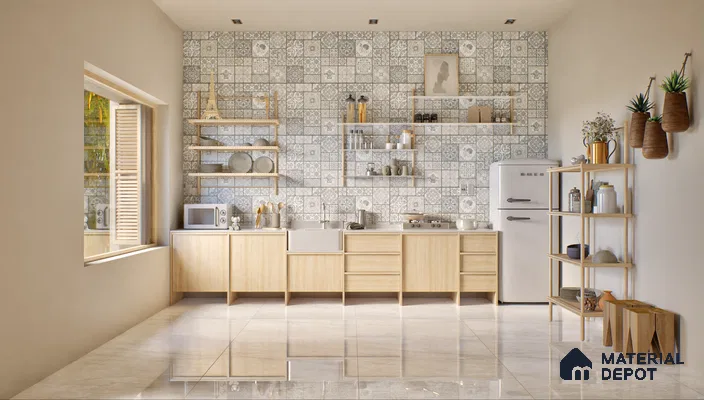 Scandinavian kitchen with light wood cabinets and patterned tiles | Material Depot