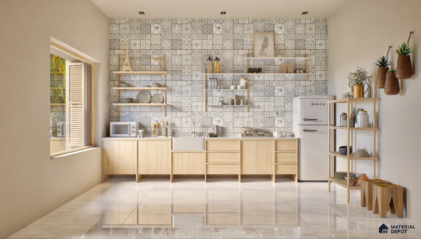 Scandinavian kitchen with light wood cabinets and patterned tiles | Material Depot