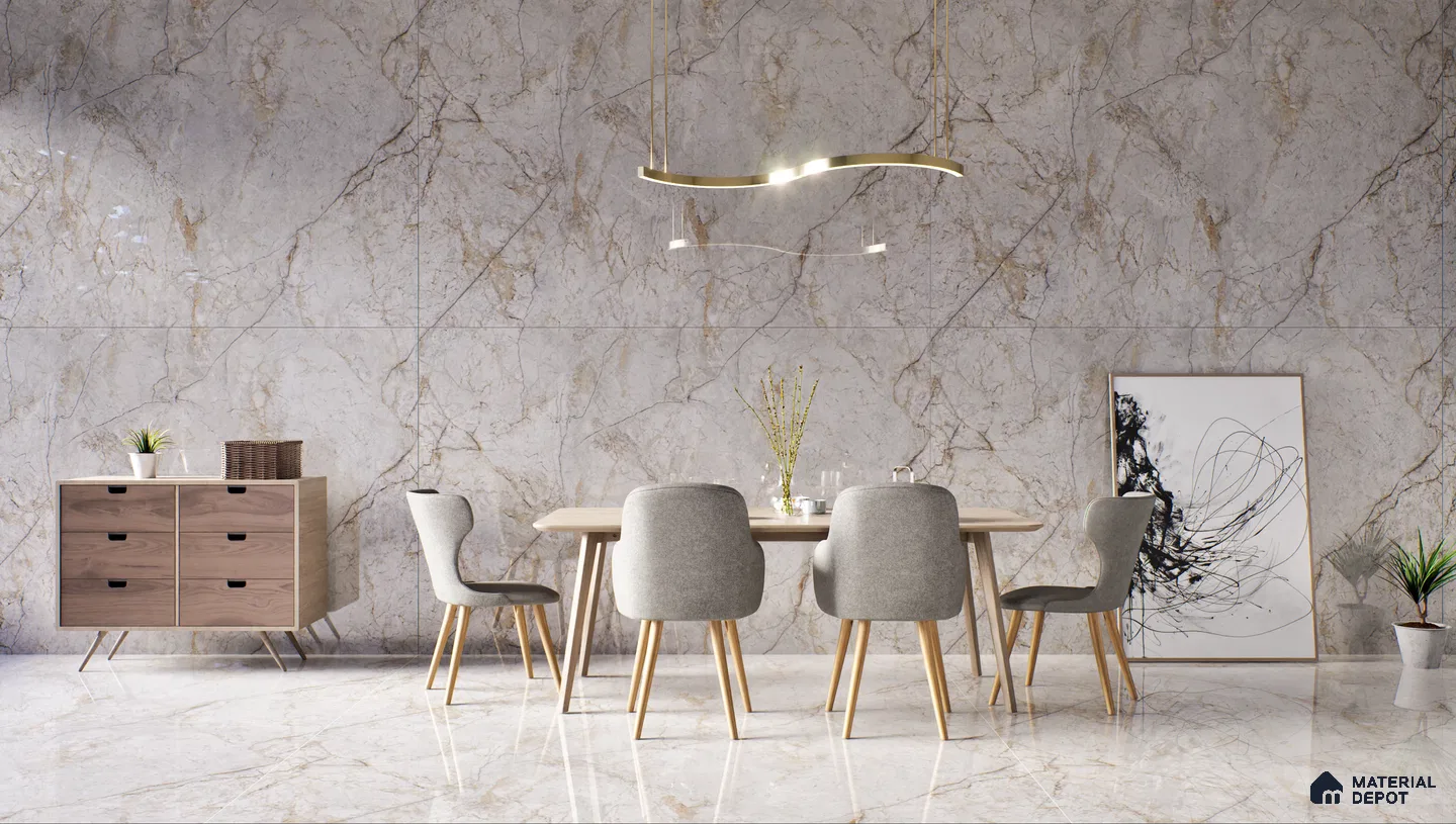 Modern dining room with marble walls and sleek furniture | Material Depot