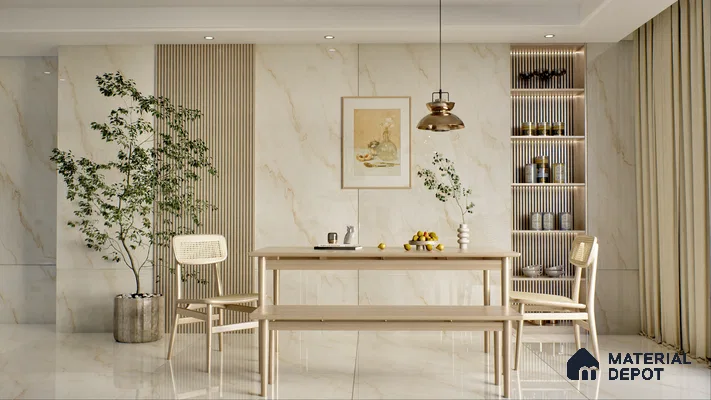 Minimalist dining area featuring light wood furniture, marble walls, and natural elements. | Material Depot