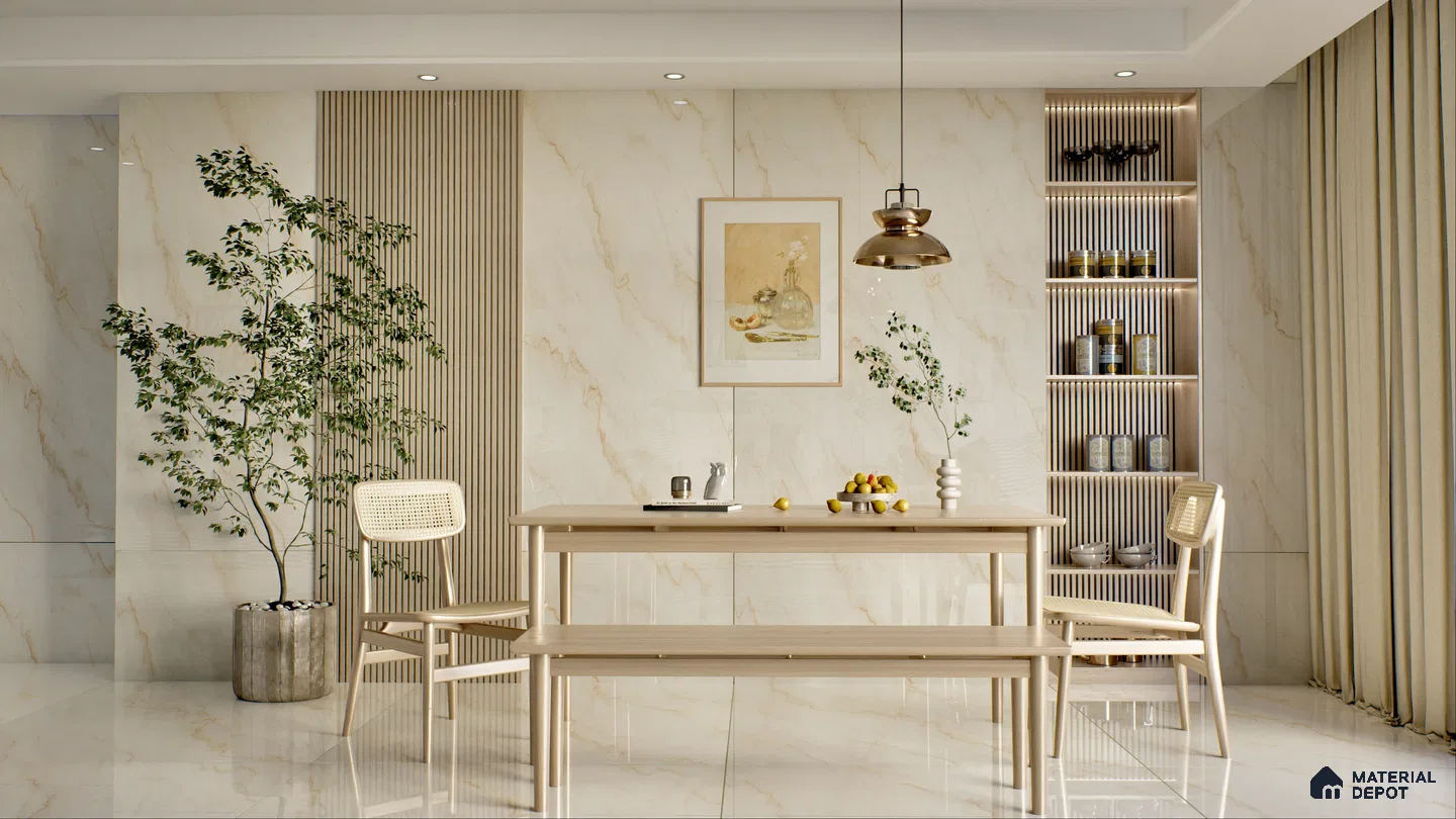 Minimalist dining area featuring light wood furniture, marble walls, and natural elements. | Material Depot