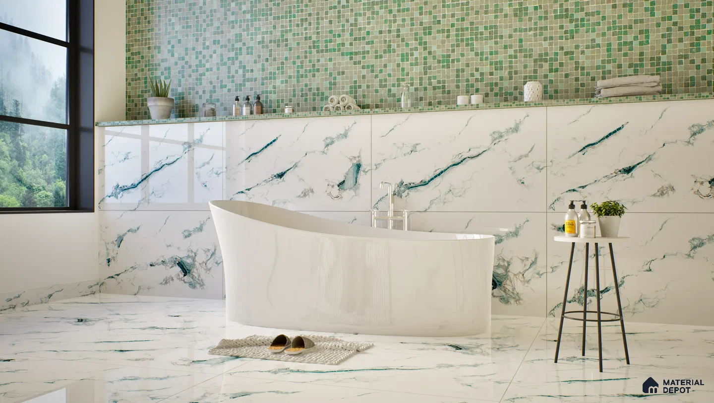 Elegant bathroom featuring green mosaic tiles, marble walls, and a modern freestanding bathtub. | Material Depot