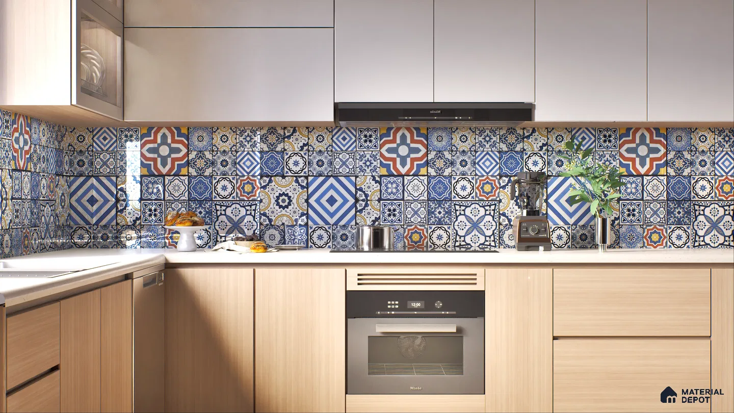 Colorful tile backsplash in a modern kitchen | Material Depot