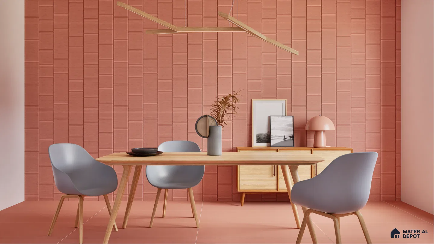 Contemporary dining room featuring a coral accent wall, sleek wooden furniture, and minimalist decor. | Material Depot