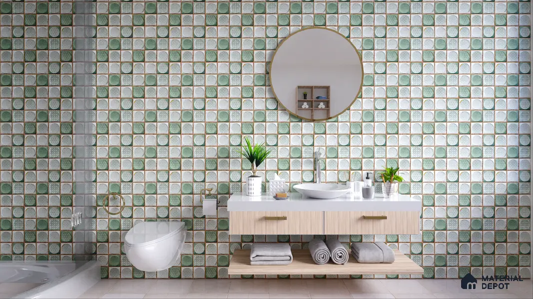 Faux Subway Wall Tile TL 04918 D Esfera Decor 2 Circle Satvario Verde 1 ft x 1 ft Ceramic Matte Finish - 9 mm | Suitable for Highlighter Walls, Foyer, Bathroom, Kitchen Wall & Backsplashes | Please Expect a Slight Variation of Pattern