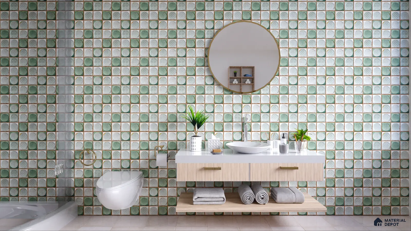 A modern bathroom featuring a geometric green and white tile pattern, a floating vanity, and a round mirror. | Material Depot