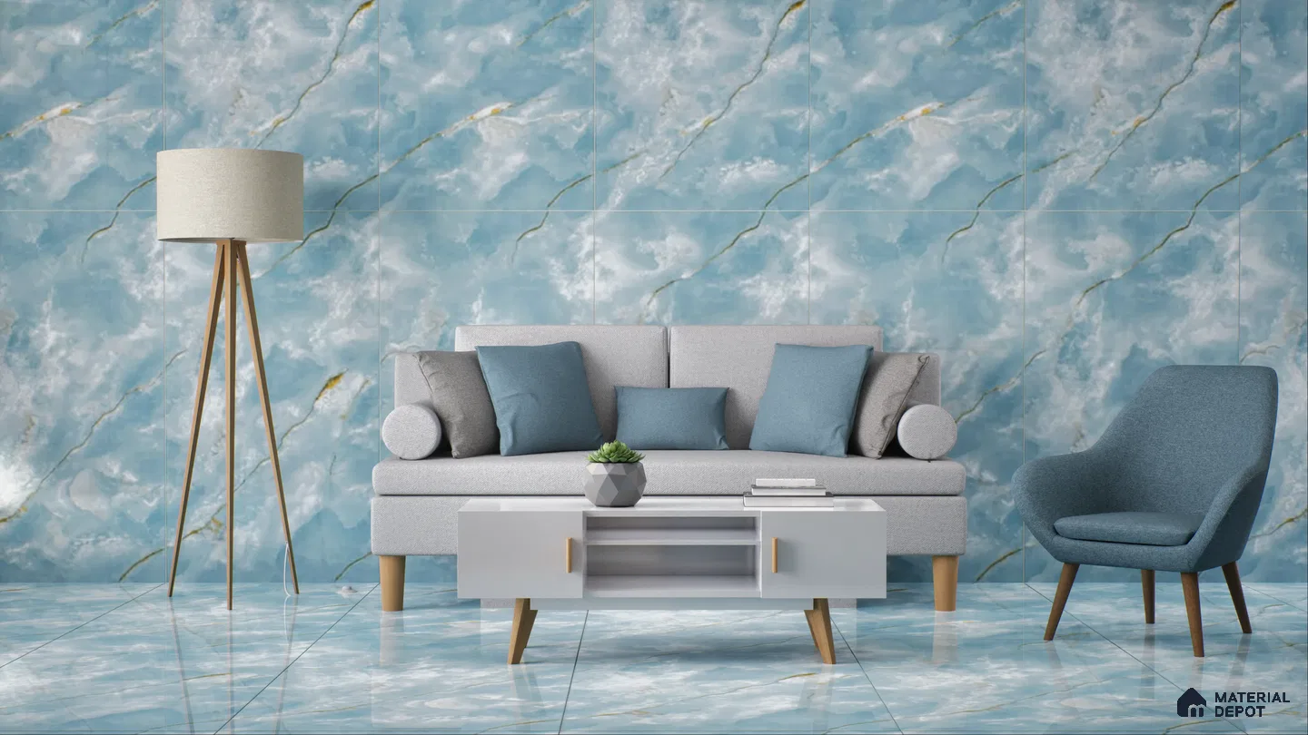 A contemporary living room featuring blue marble walls and flooring, a light gray sofa with blue pillows, a blue armchair, a tripod floor lamp, and a white coffee table. | Material Depot