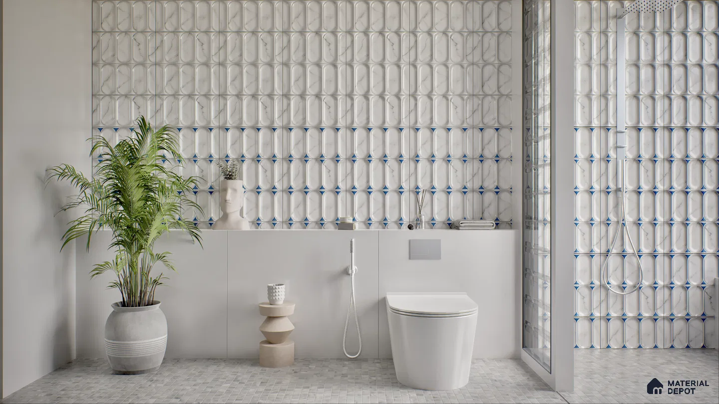 A modern bathroom featuring geometric wall tiles, a potted plant, a sculptural side table, and a sleek toilet. | Material Depot