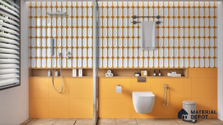 A modern bathroom featuring bold yellow accents and geometric wall tiles with an integrated shower and toilet area. | Material Depot