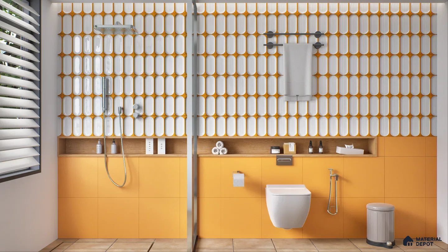 A modern bathroom featuring bold yellow accents and geometric wall tiles with an integrated shower and toilet area. | Material Depot