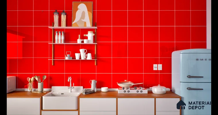 A retro-style kitchen featuring a bold red tiled backsplash, white cabinetry, wooden countertops, and a pastel blue vintage refrigerator. | Material Depot