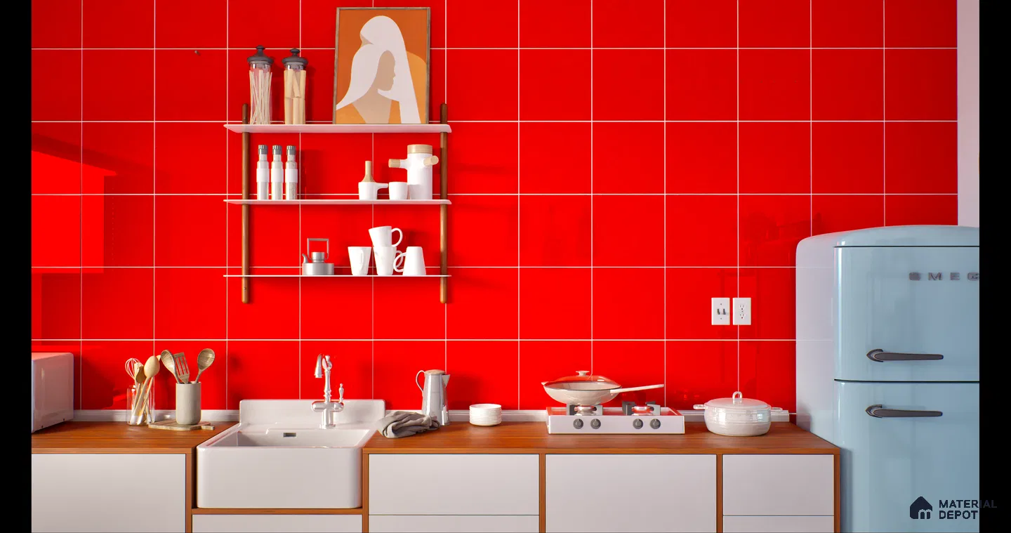 A retro-style kitchen featuring a bold red tiled backsplash, white cabinetry, wooden countertops, and a pastel blue vintage refrigerator. | Material Depot