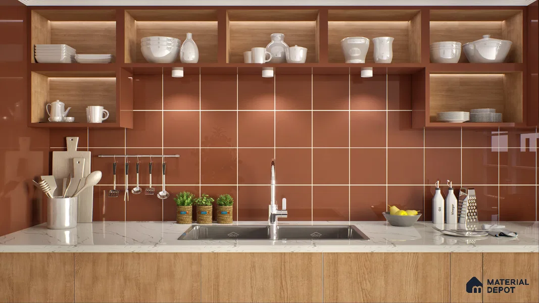 Subway Wall Tile TL 00055 M 4 x 4 inch Red Brown Plain Glossy Finish Ceramic Wall Tile - 5.8 mm | Suitable For Restaurant, Bathroom, Kitchen