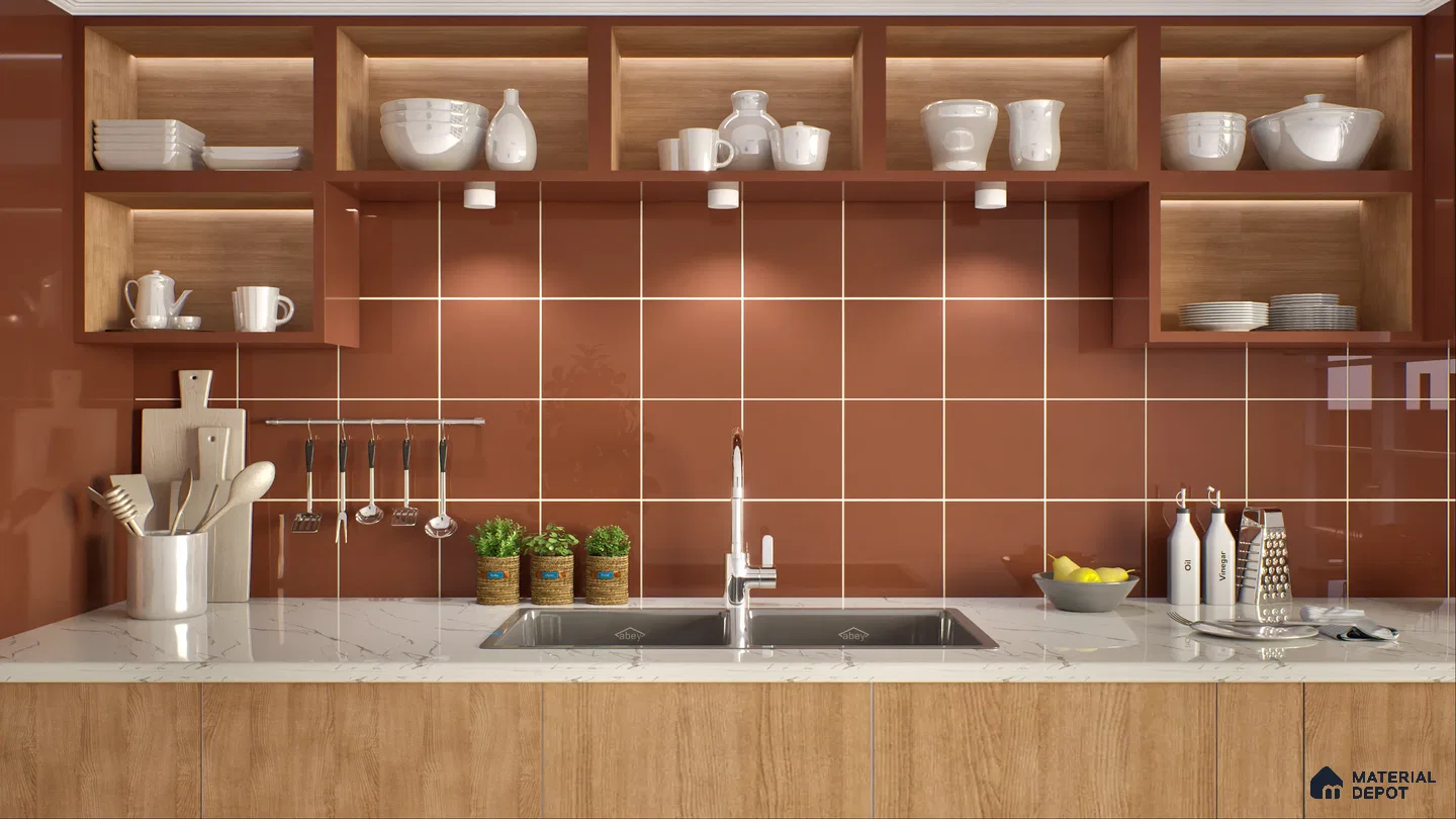 A modern kitchen featuring a rich orange tiled backsplash, open wooden shelving, and a white marble countertop with wooden cabinetry. | Material Depot