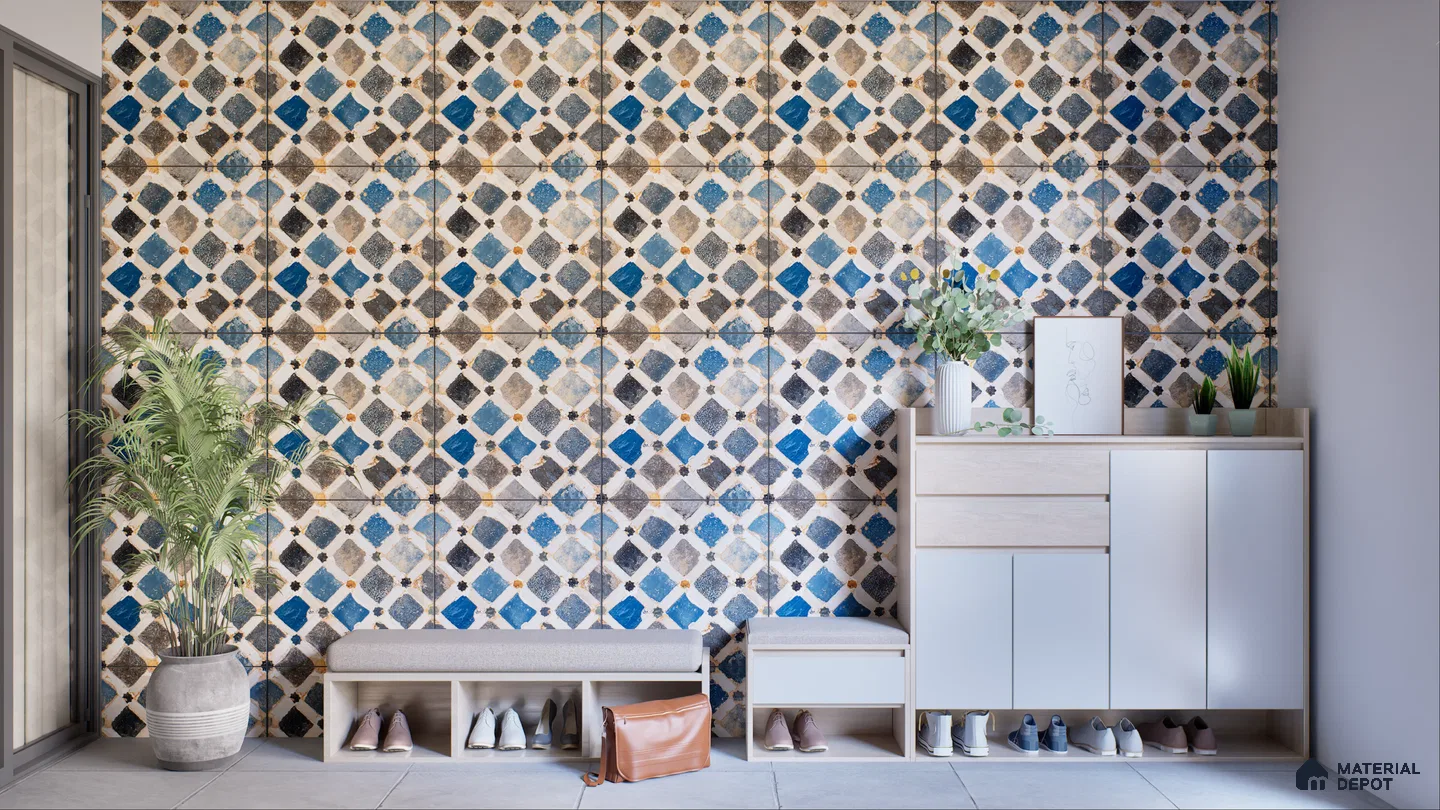 Stylish entryway featuring vibrant blue and gold patterned tiles, a modern shoe storage bench, potted plants, and a sleek storage cabinet. | Material Depot