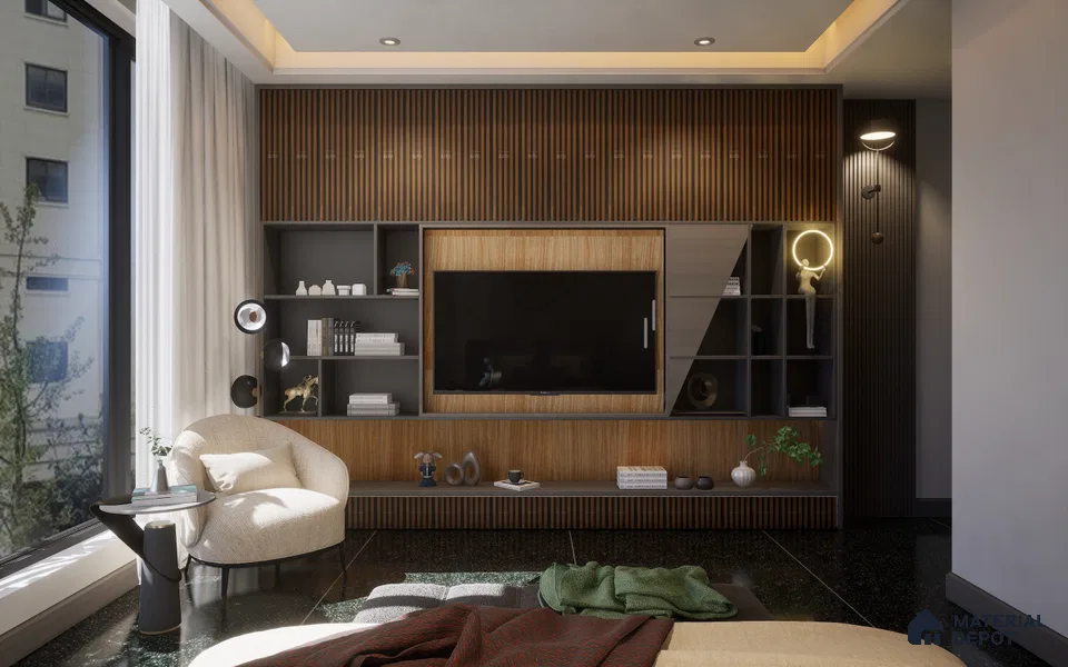 Brown Wooden Louver 2003 Nogal 8 ft x 4.9 inch Charcoal Panel - 12 mm | Suitable for Feature Wall, TV Unit & Living Room | Width is Subjected to 5% Variation