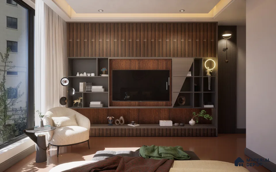 Brown Leather Louver 2020 Azabache 8 ft x 4.9 inch Charcoal Panel - 12 mm | Suitable for Feature Wall, TV Unit & Living Room | Width is Subjected to 5% Variation
