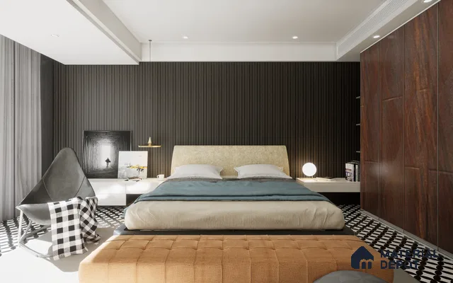 Modern bedroom with elegant decor panels, matte tiles, and sophisticated laminate cupboards