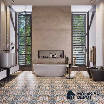 Moroccan Carpet Floor Tile TL 06616 B Florentine Blue Border | 1 ft x 1 ft Ceramic Matte Finish - 9 mm | Suitable for Living Room, Dining Area, Kitchen | Please Expect a Slight Variation of Pattern